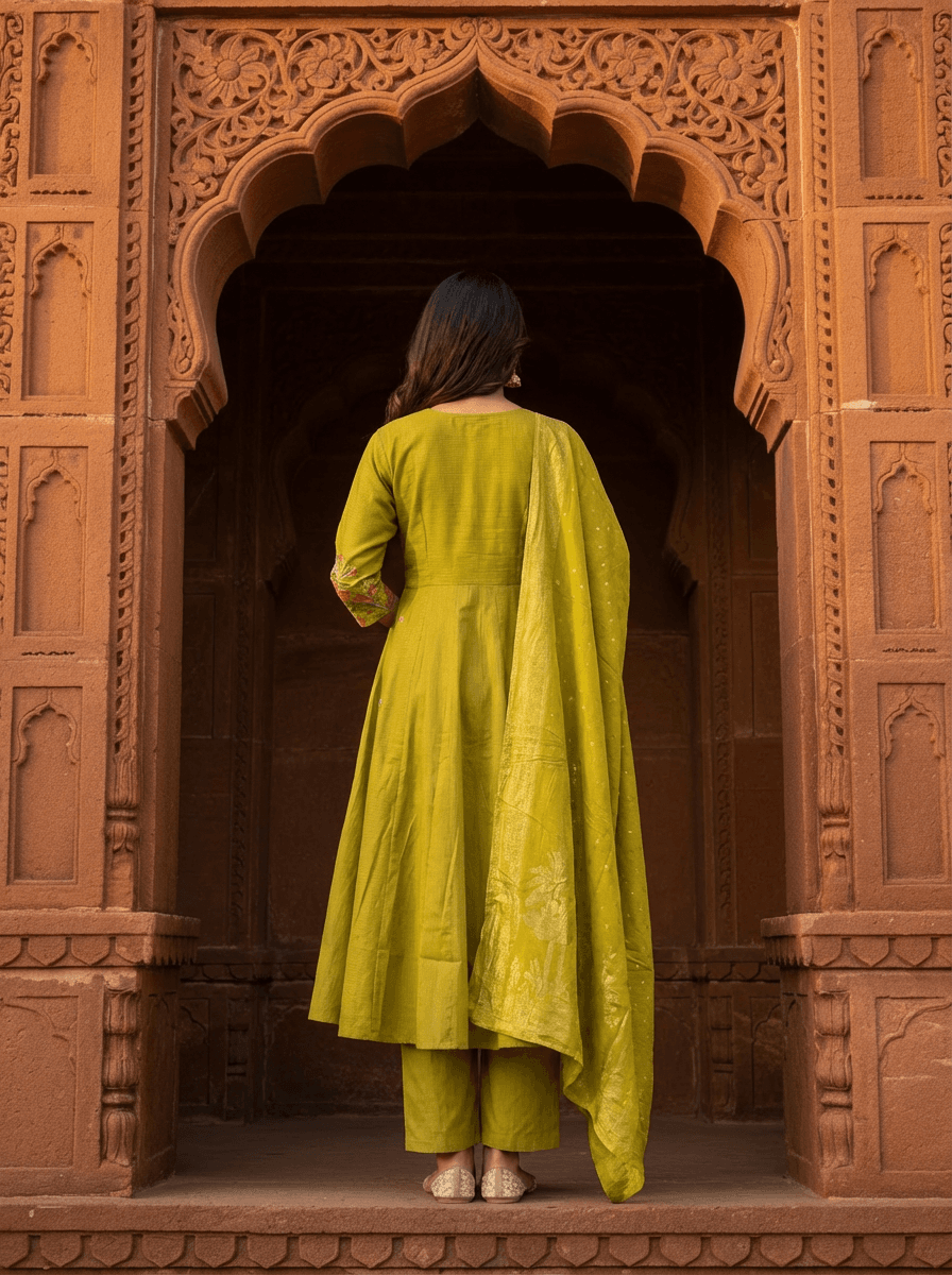 Olive Floral Anarkali Set