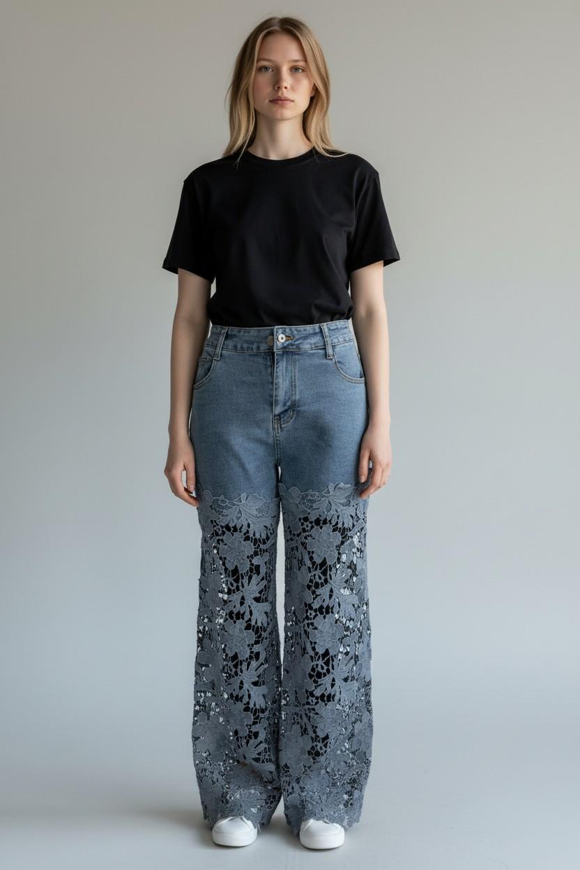 Guipure Lace Inset Wide-Leg Jeans