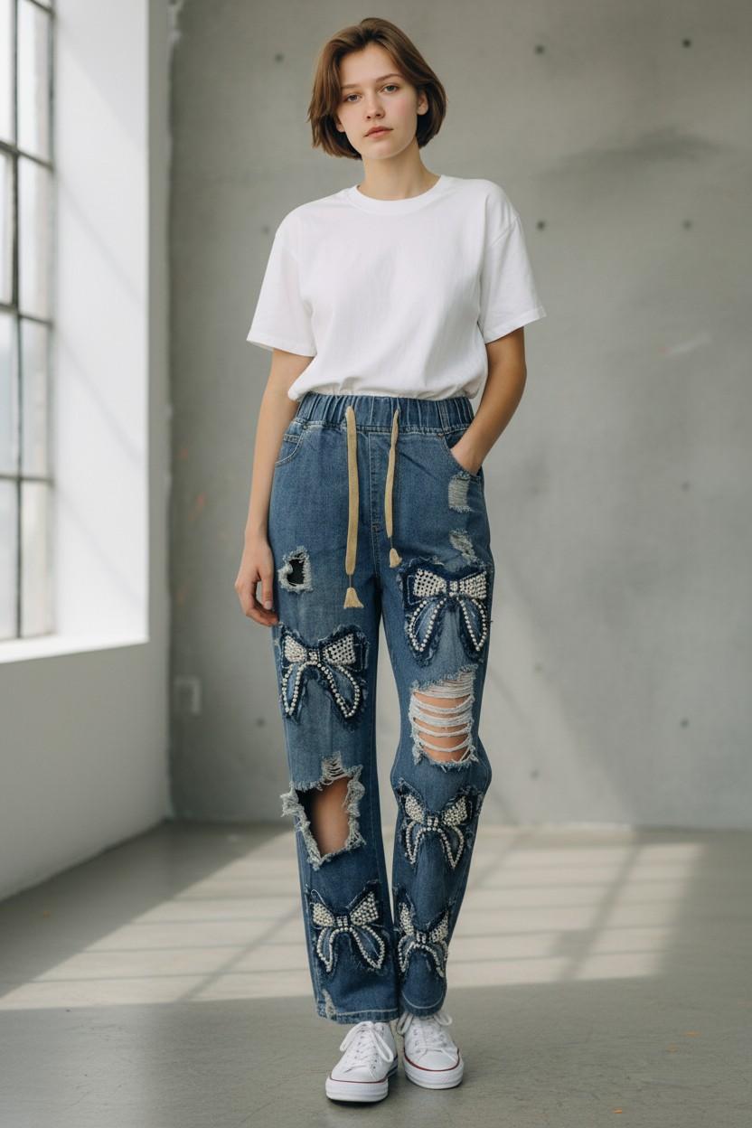 Pearl Bow Distressed Jeans