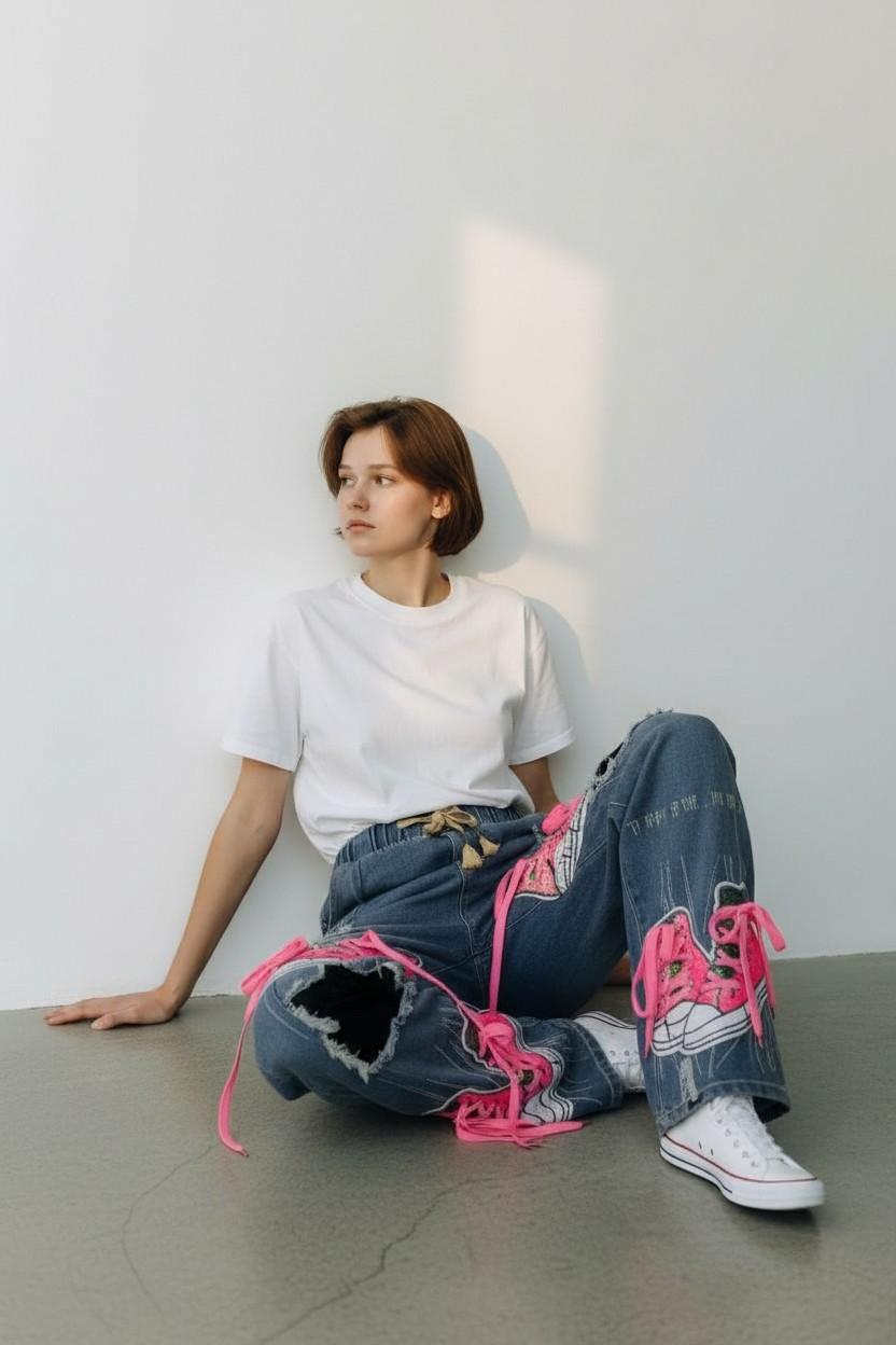 Pink Sneaker Patch Distressed Jeans