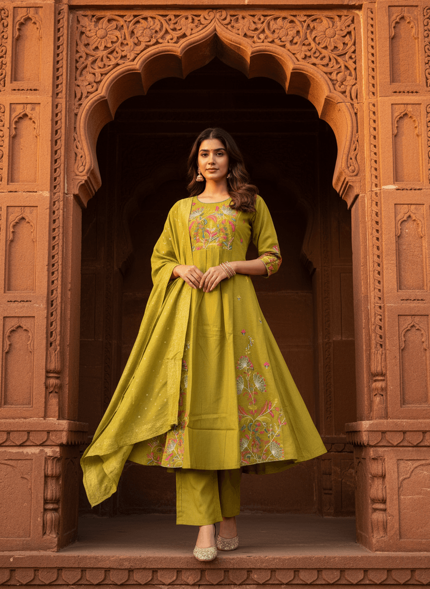 Olive Floral Anarkali Set