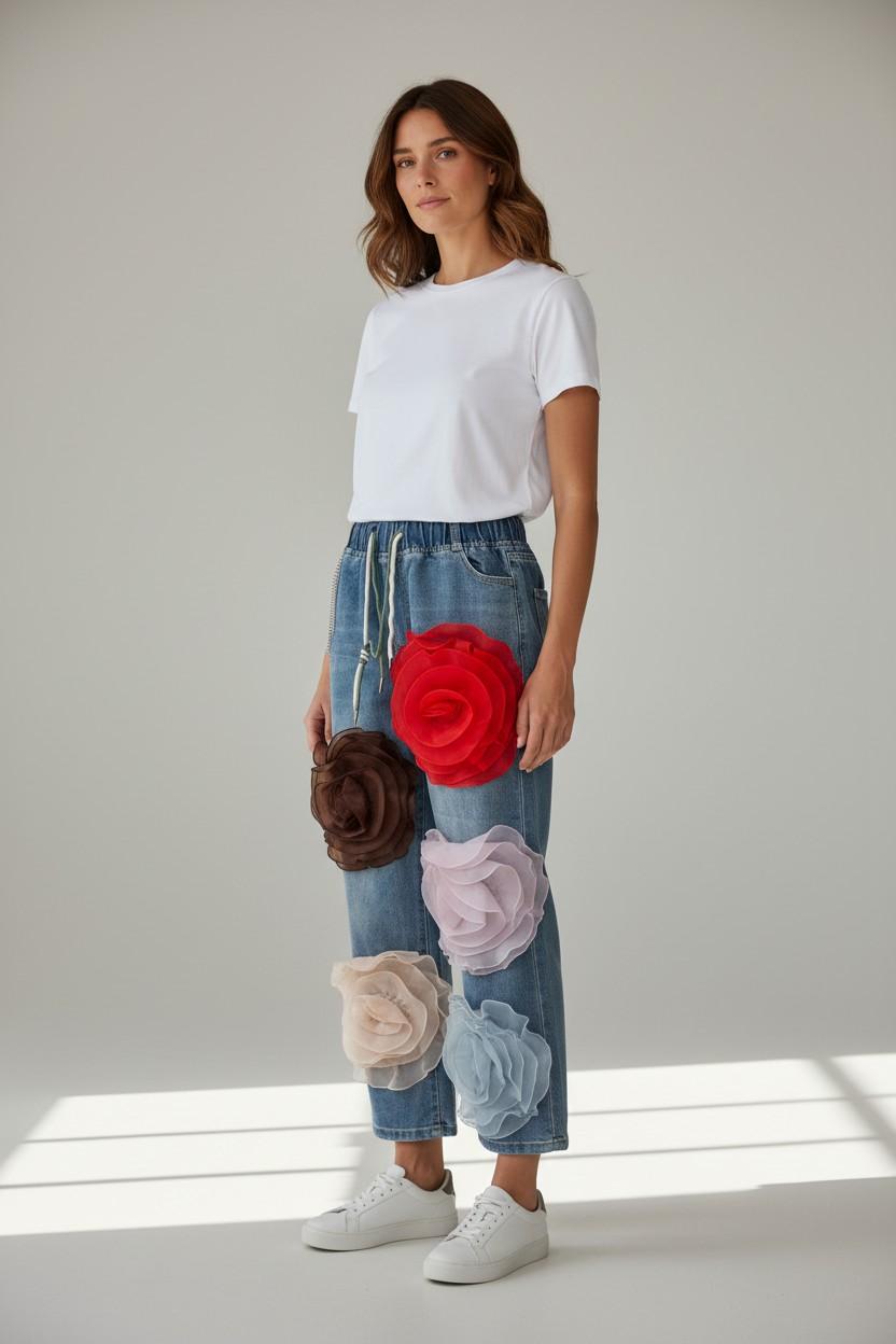 3D Organza Rose Relaxed Jeans