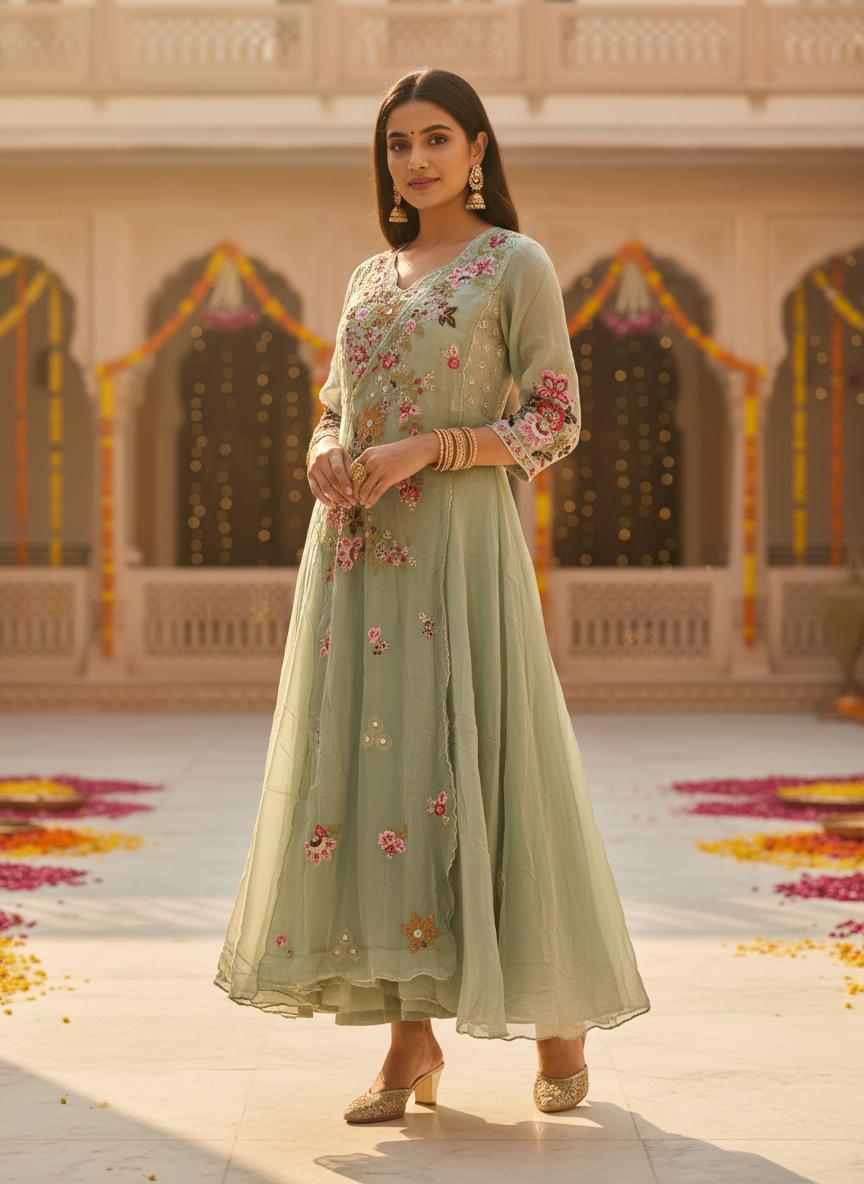 Sage Green Floral Anarkali Set