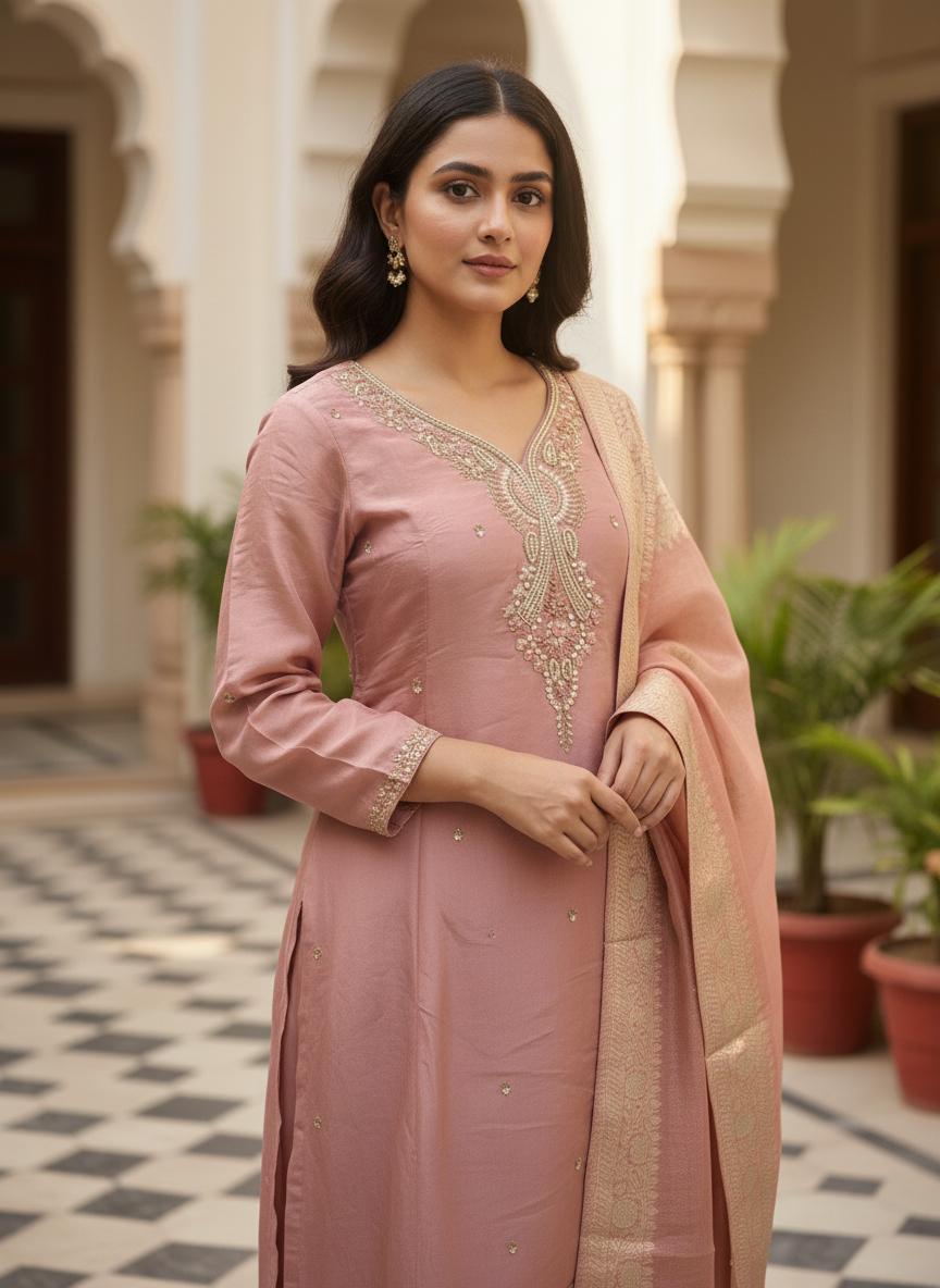 Dusty Rose Silk Blend Embroidered Suit