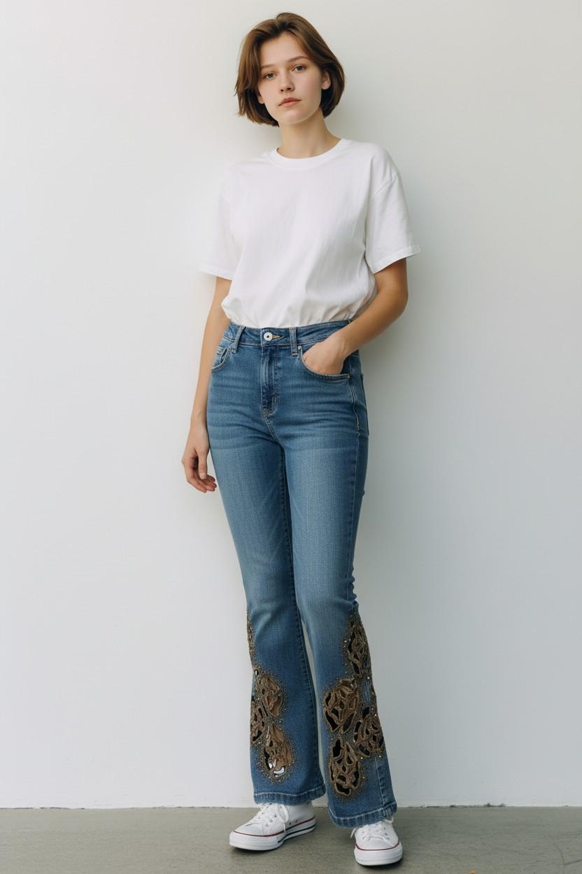 Filigree Lace Inset Flare Jeans