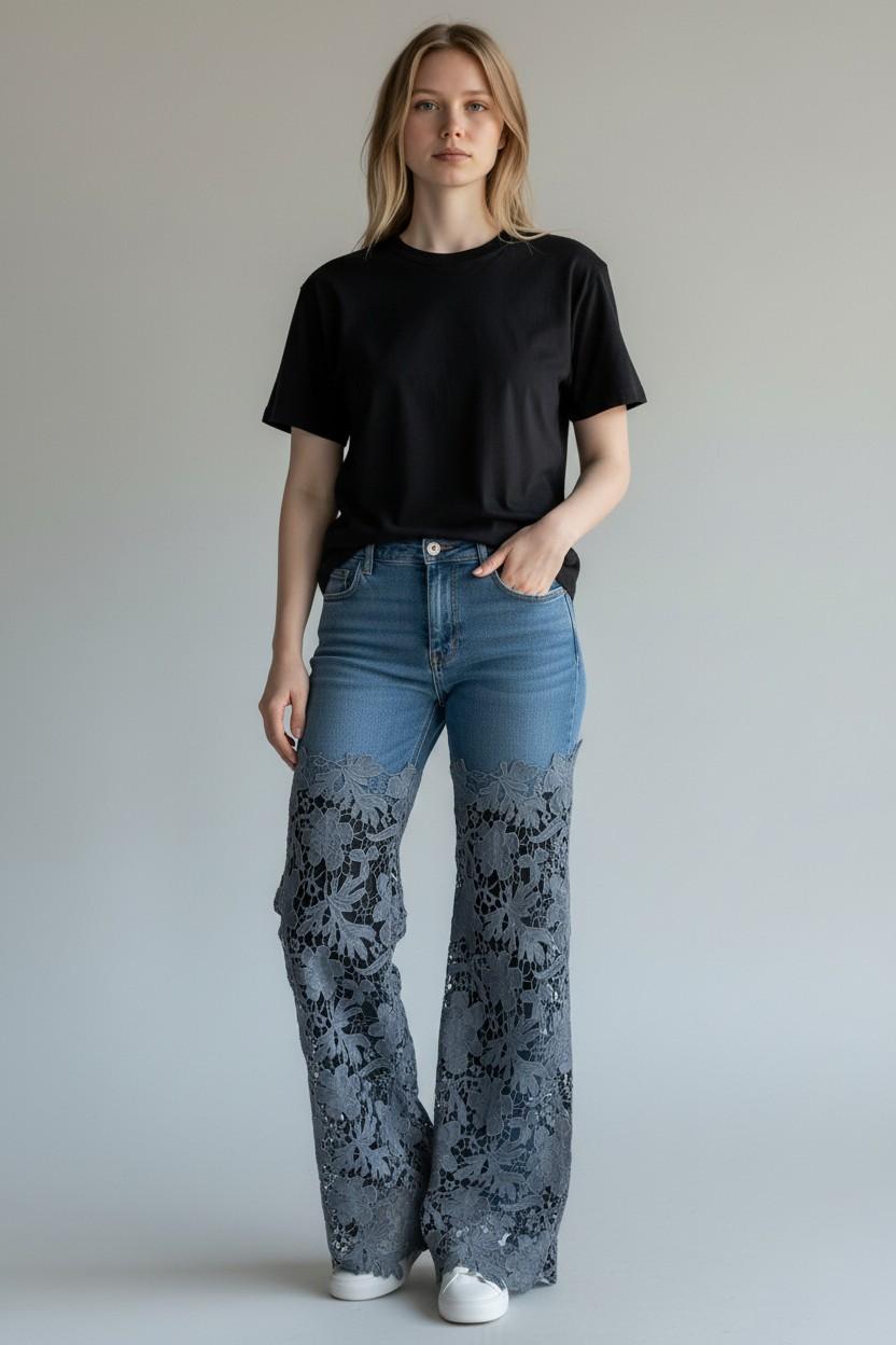 Guipure Lace Inset Wide-Leg Jeans