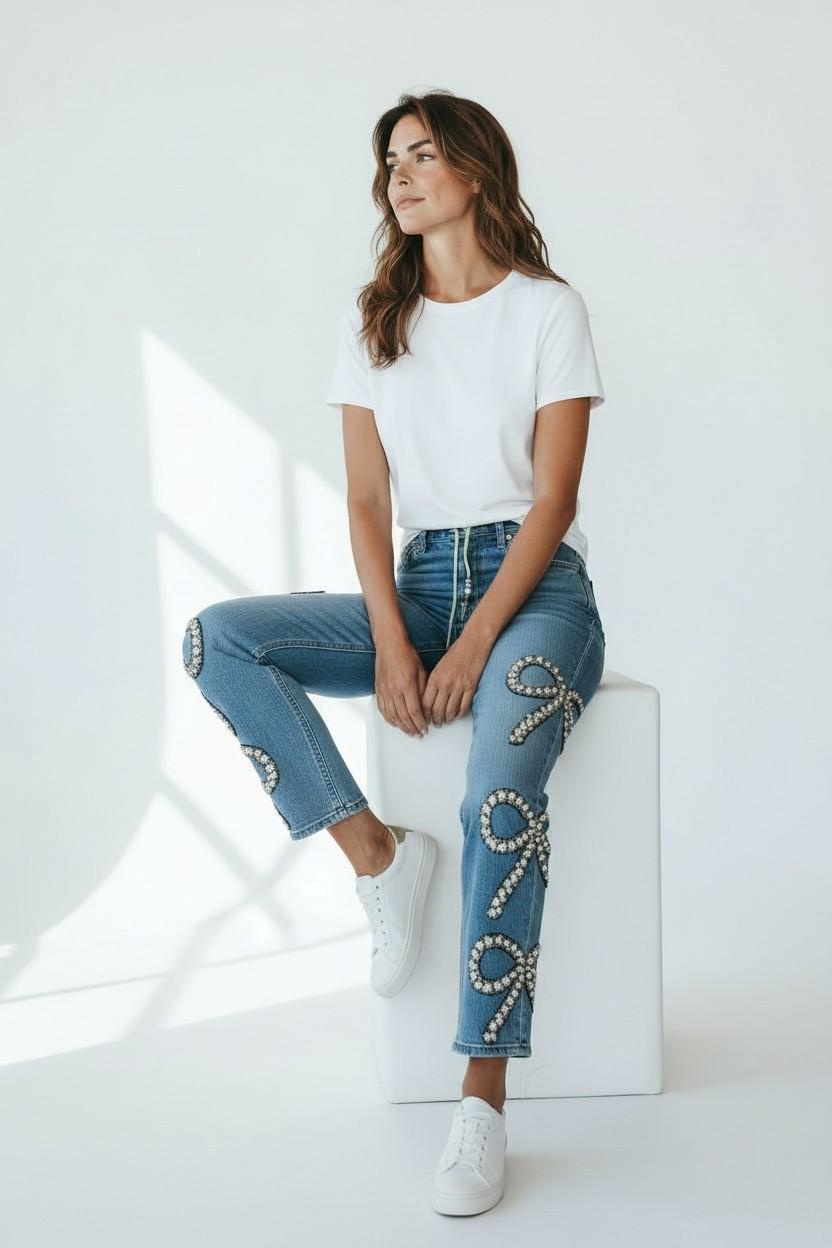 Pearl Bow Embellished Slim Jeans