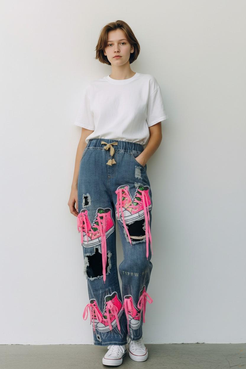 Pink Sneaker Patch Distressed Jeans