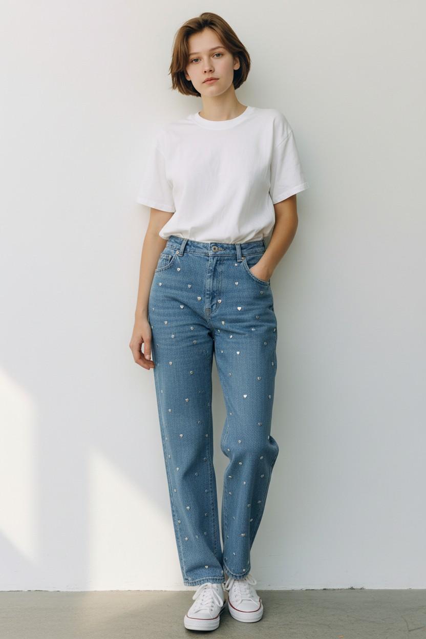 Minimalist Silver Heart Stud Jeans