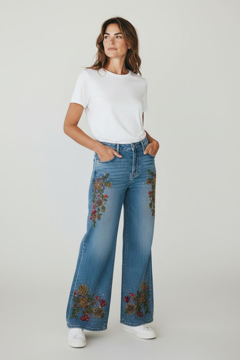 Beaded Botanical Wide-Leg Jeans