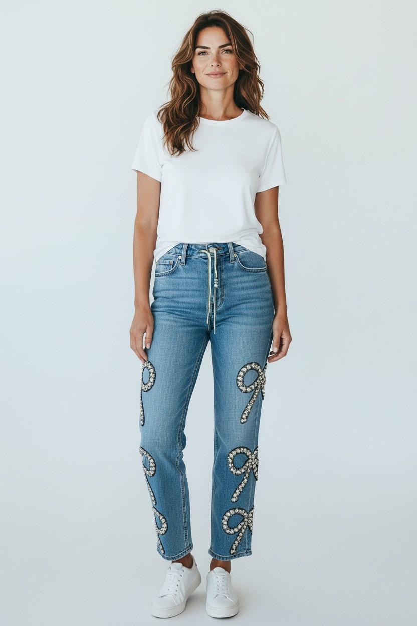 Pearl Bow Embellished Slim Jeans