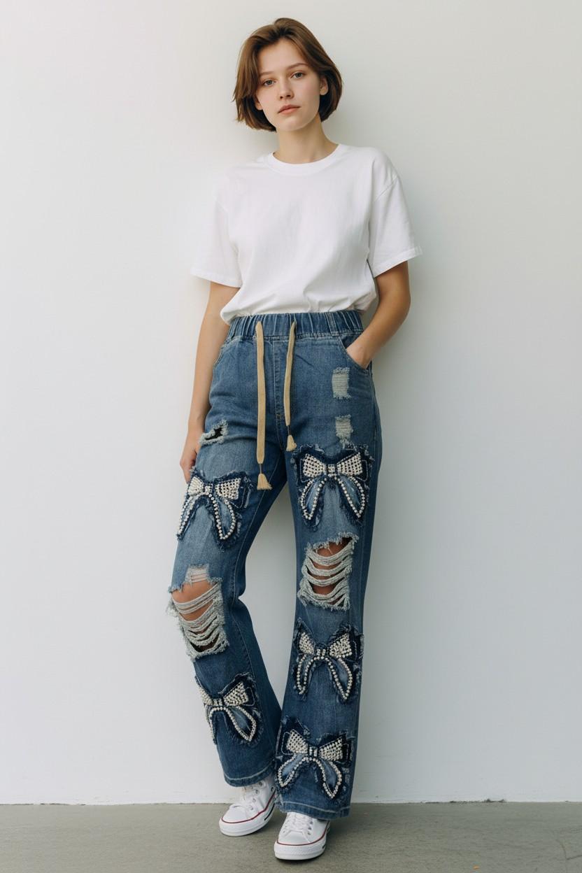 Pearl Bow Distressed Jeans