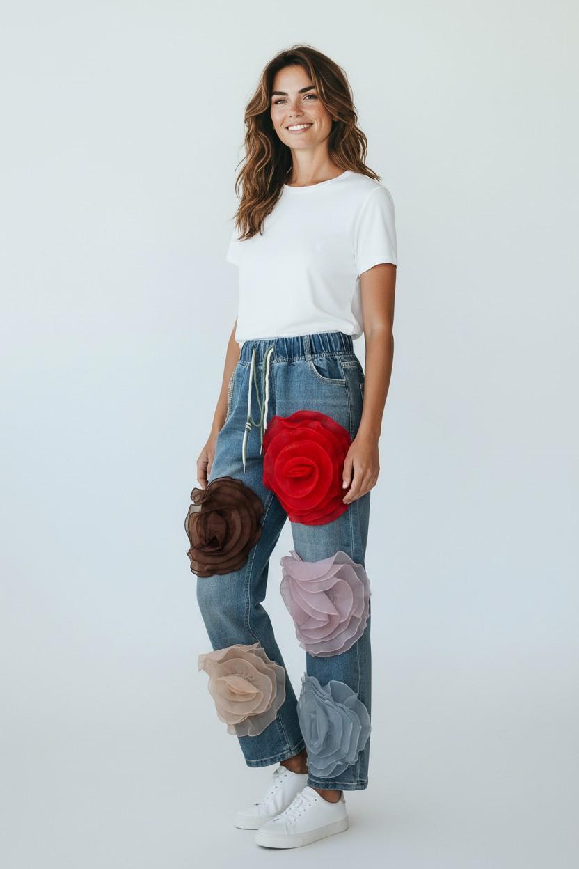 3D Organza Rose Relaxed Jeans
