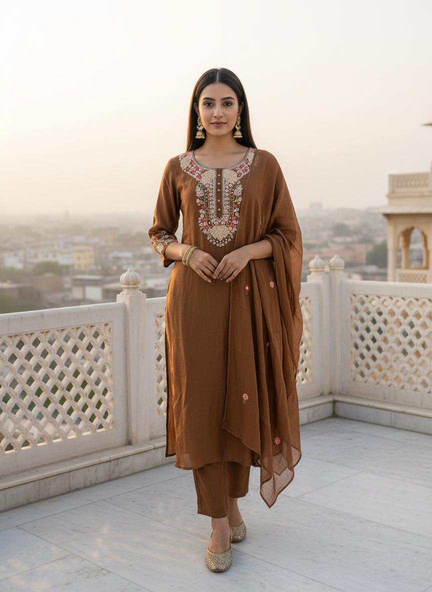 Mocha Brown Scalloped Cotton Suit Set