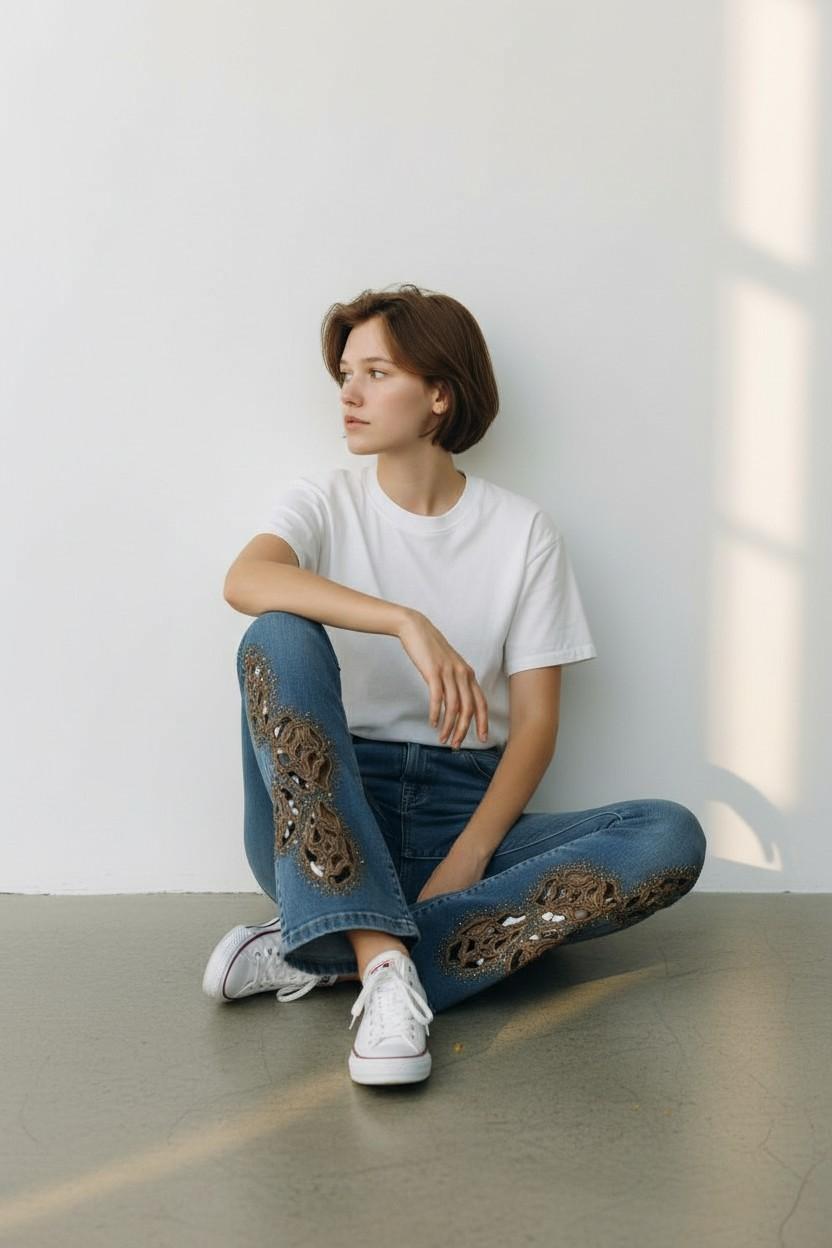 Filigree Lace Inset Flare Jeans