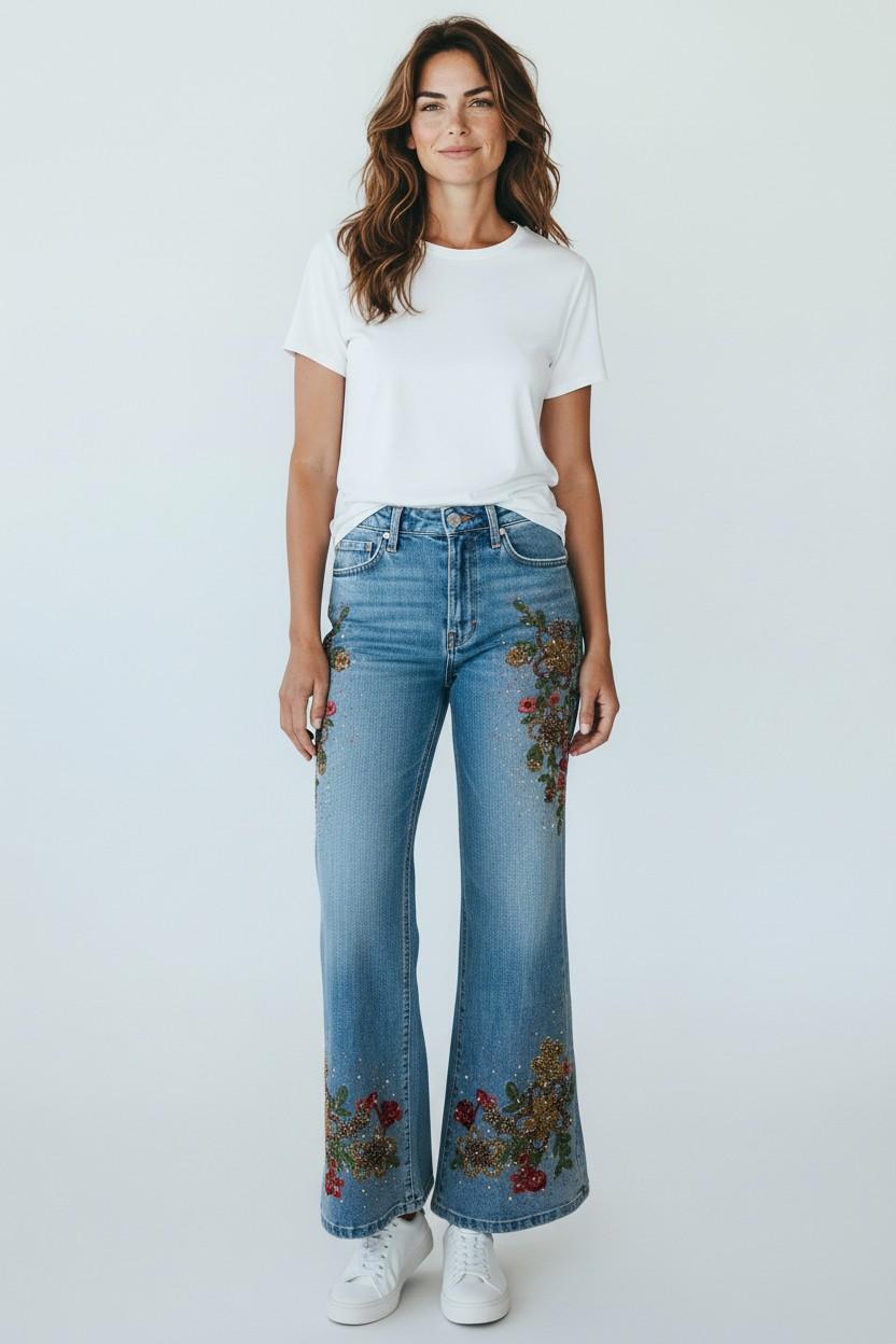 Beaded Botanical Wide-Leg Jeans