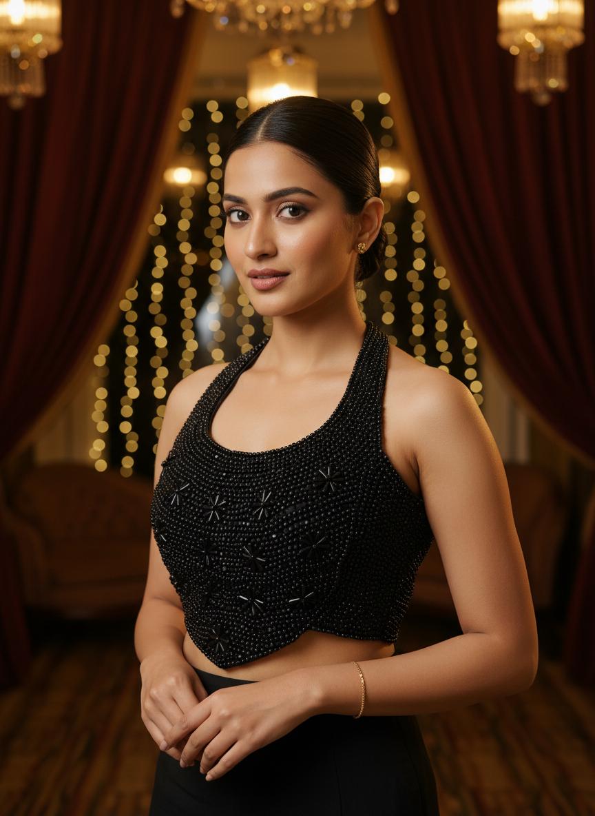 Midnight Halter Pearl Embellished Blouse