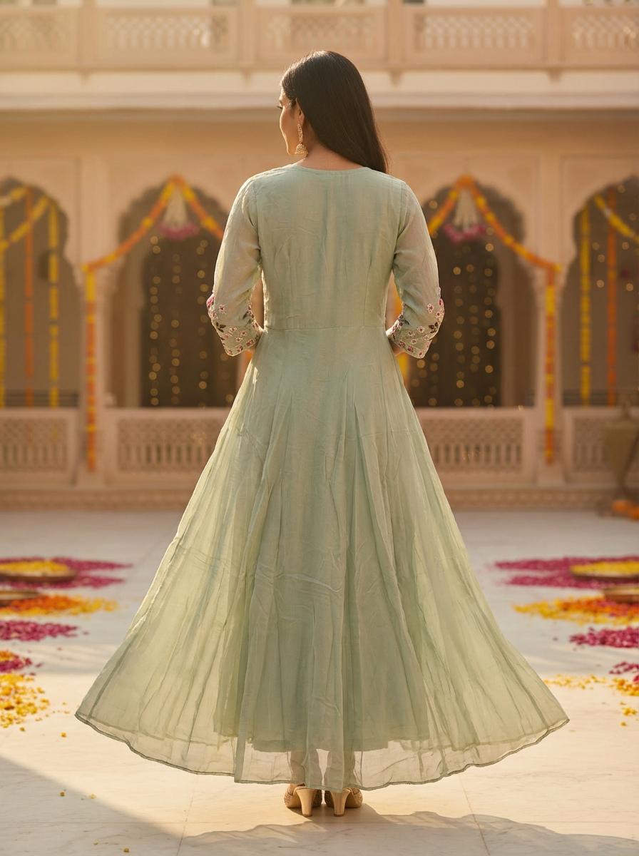 Sage Green Floral Anarkali Set