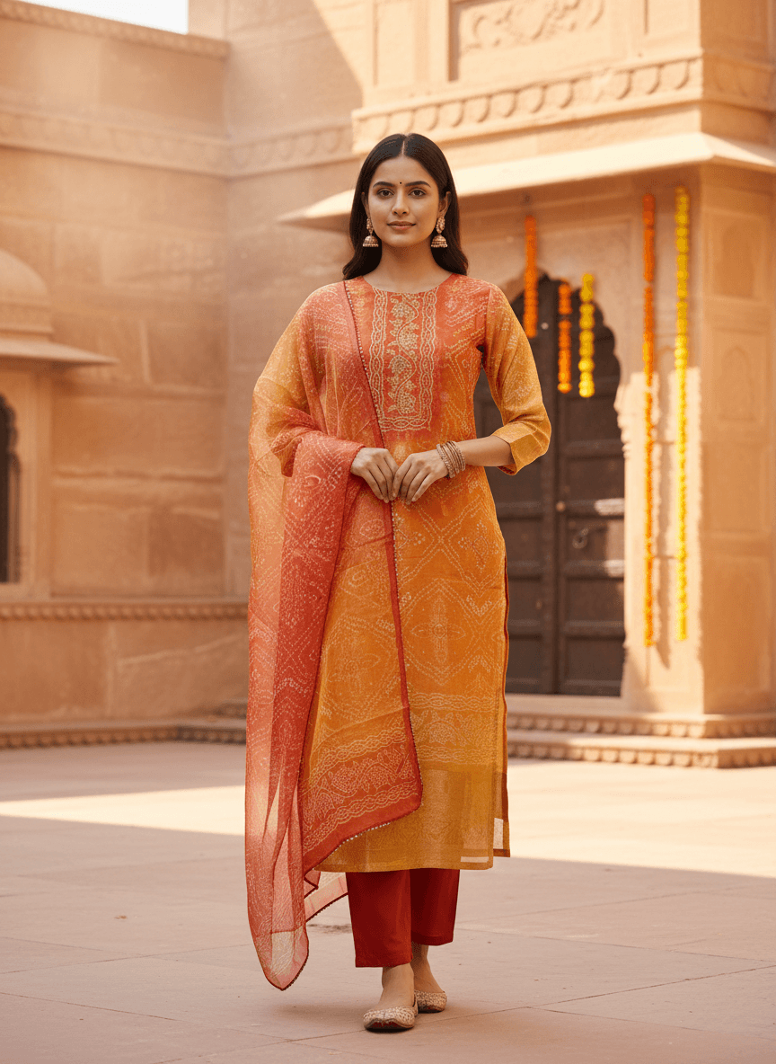 Sunset Bandhani Straight Set