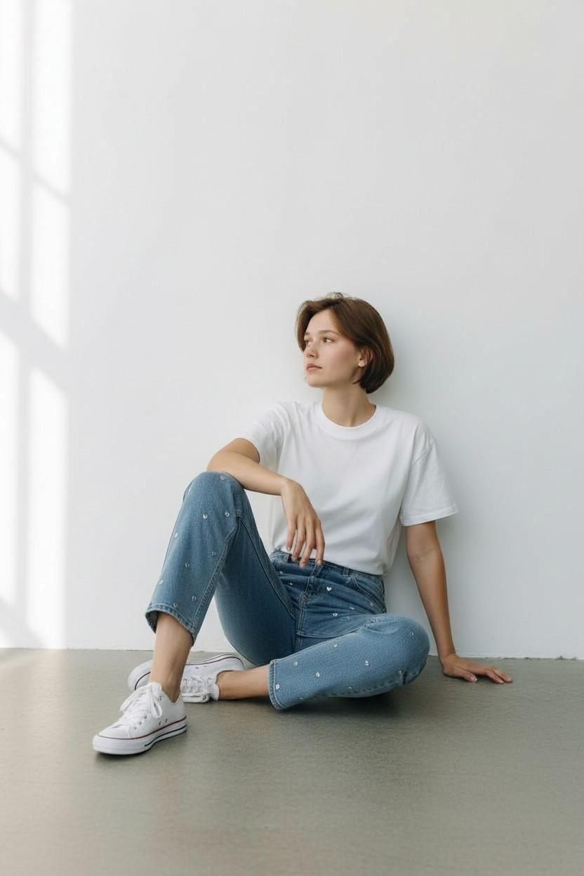Minimalist Silver Heart Stud Jeans