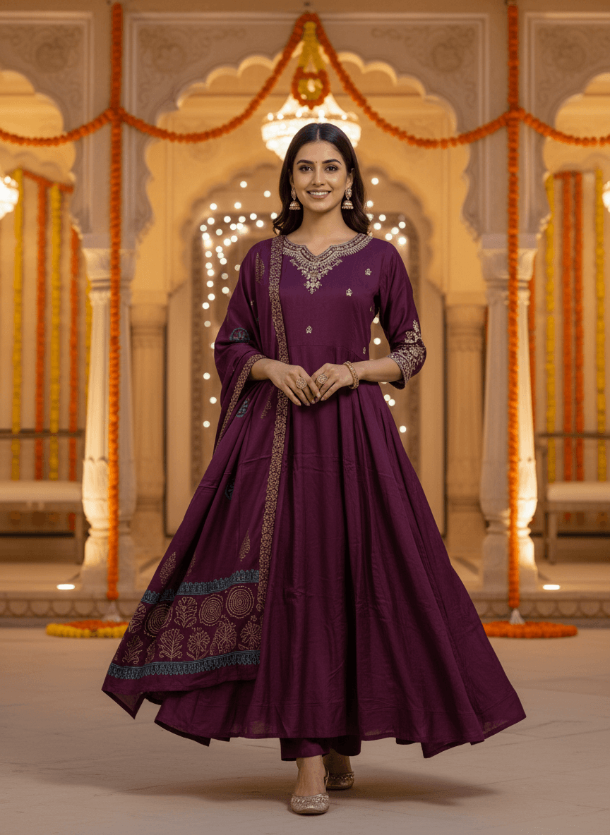 Plum Anarkali Set