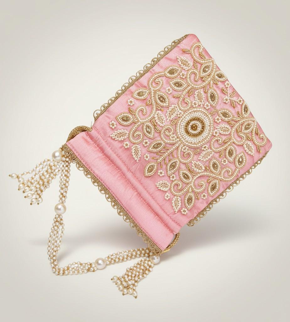 Rosabelle Pink Gold Embroidered Potli Sling