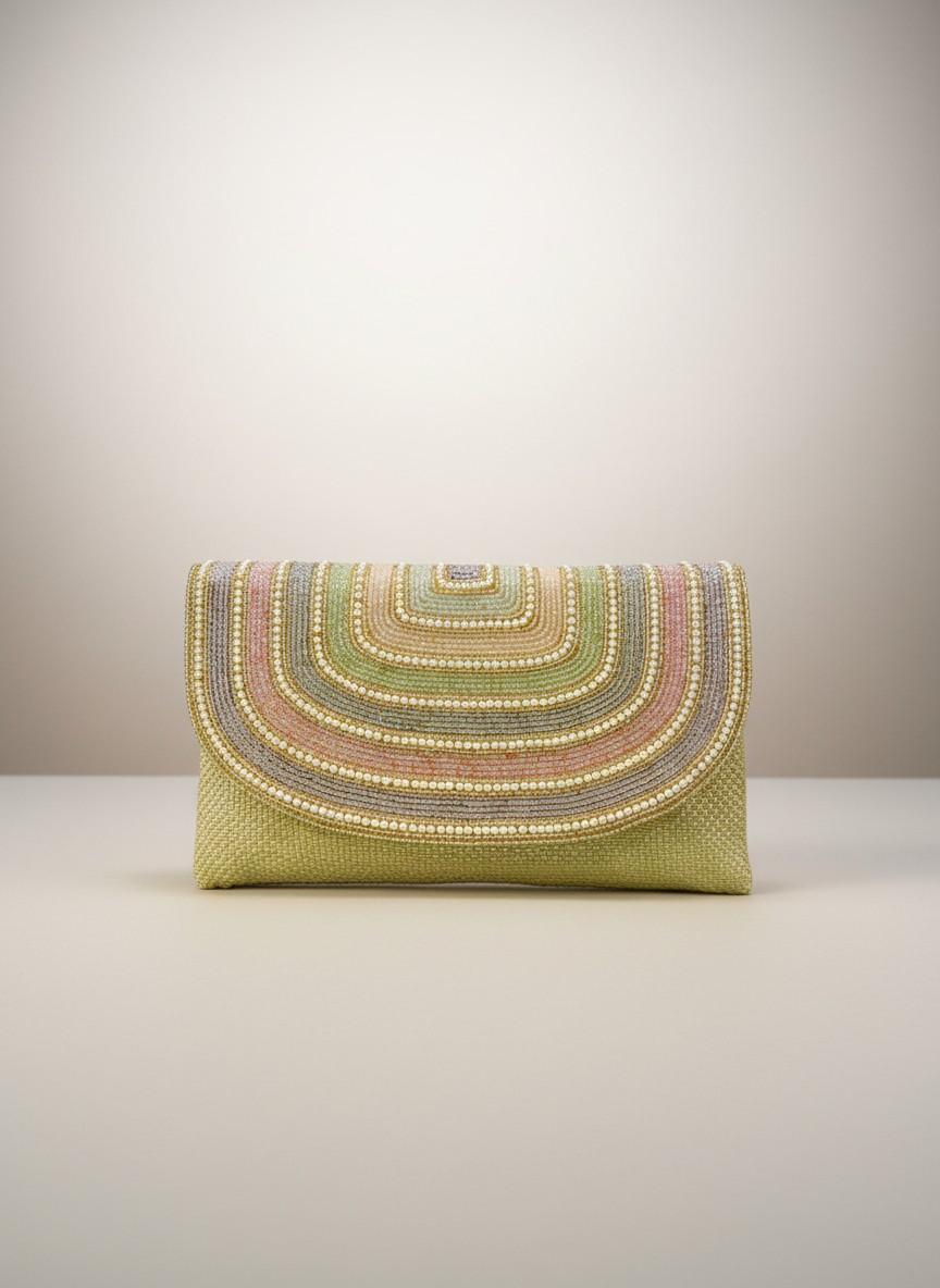Beige Multicolor Embroidery Rainbow Clutch Bag