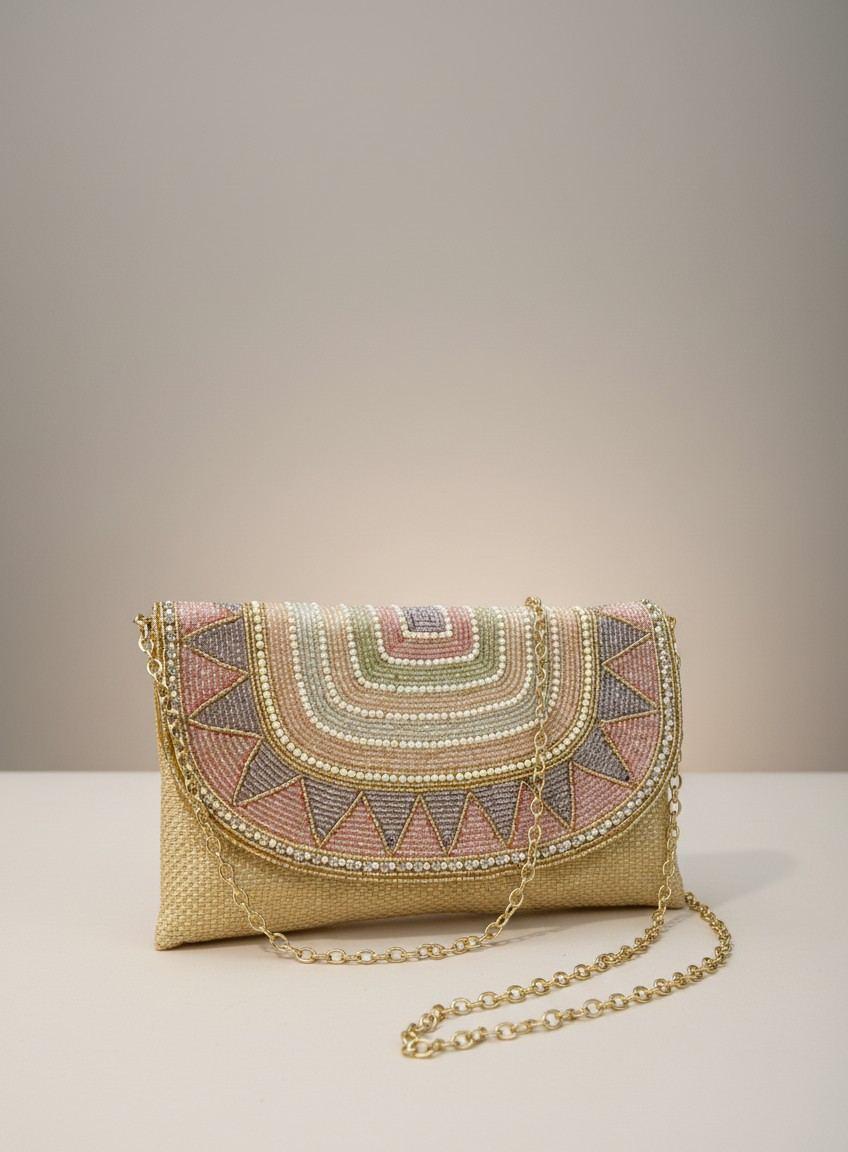 Beige Multicolor Embroidered Sling Clutch