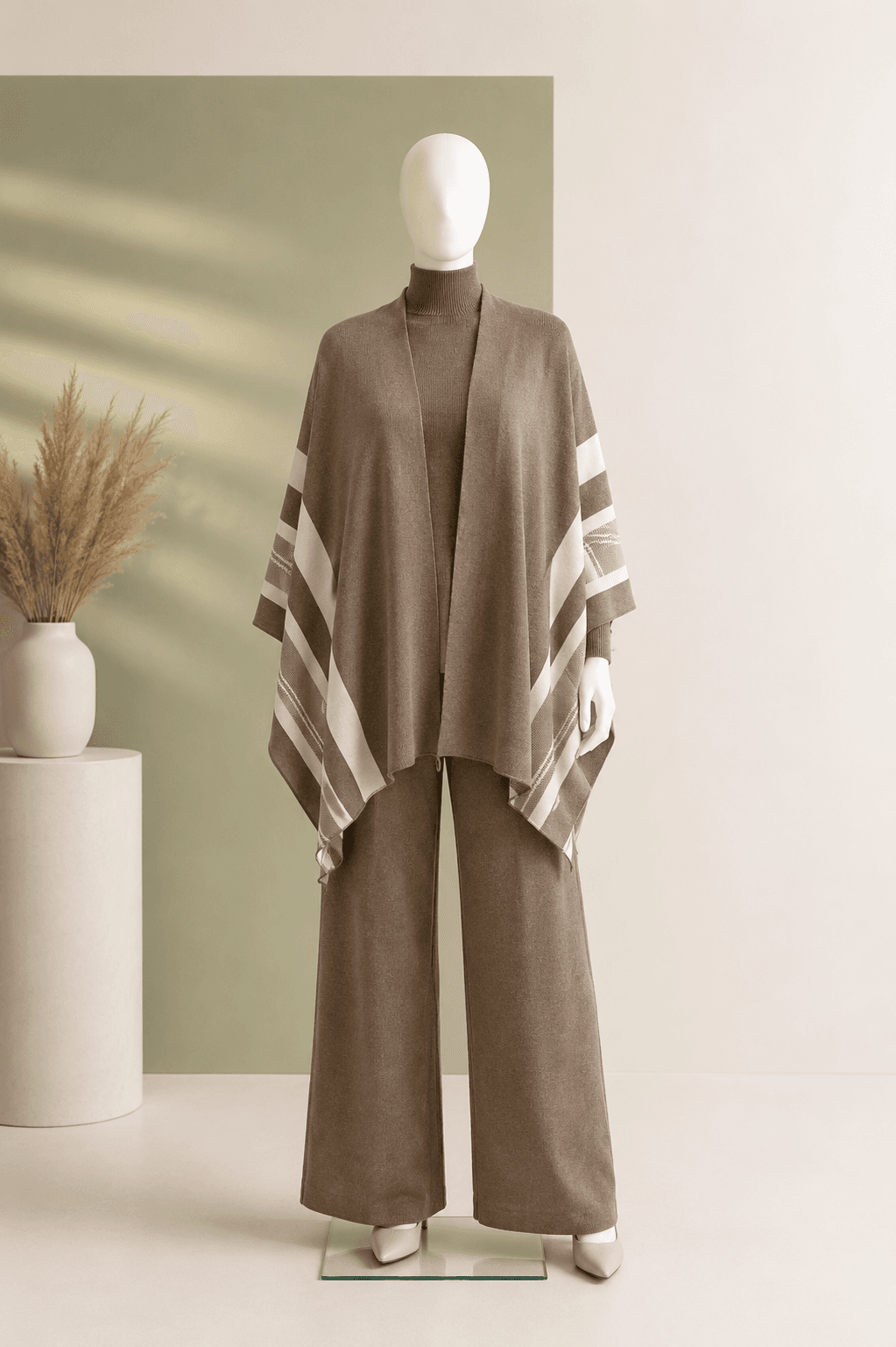 Taupe Striped Poncho Co-ord Set