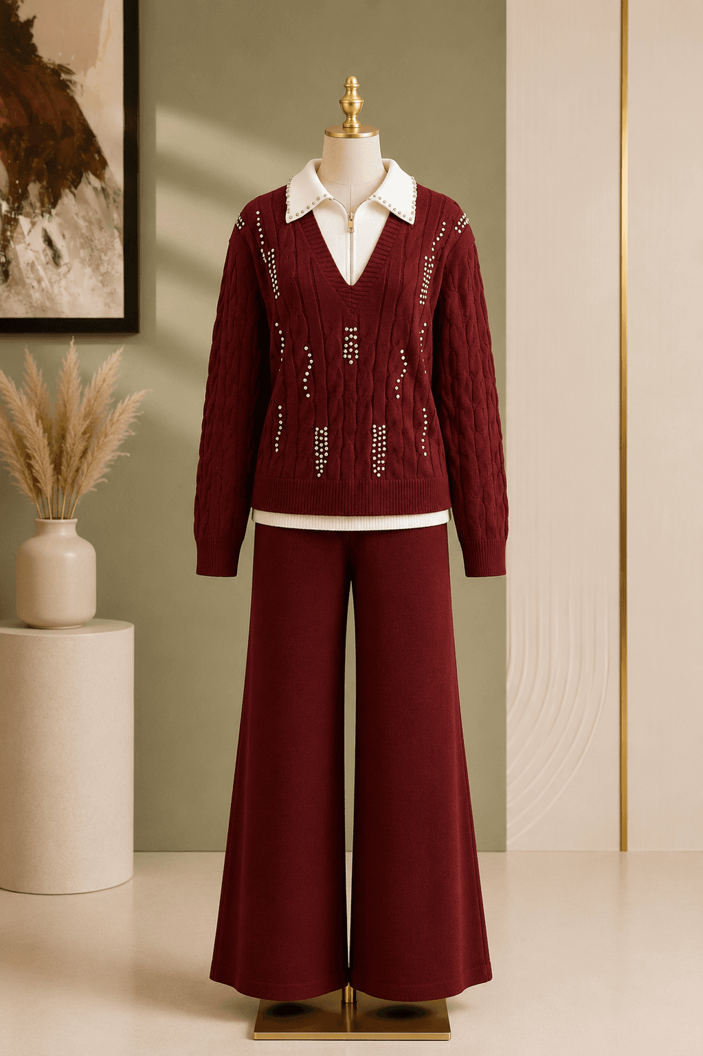 Maroon Rhinestone Cardigan Co-ord Set