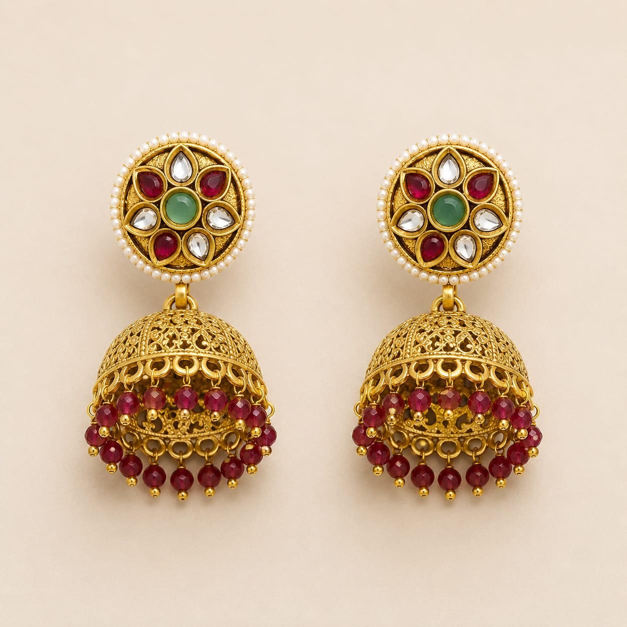 Maroon Beaded Kundan Jhumka Earrings