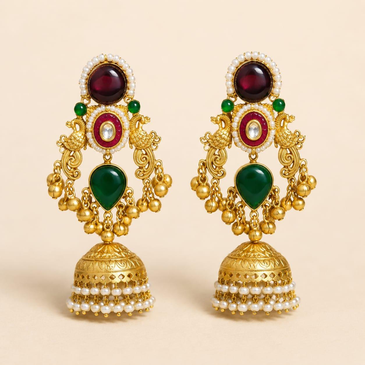 Long Kundan Stone Jhumka Earrings