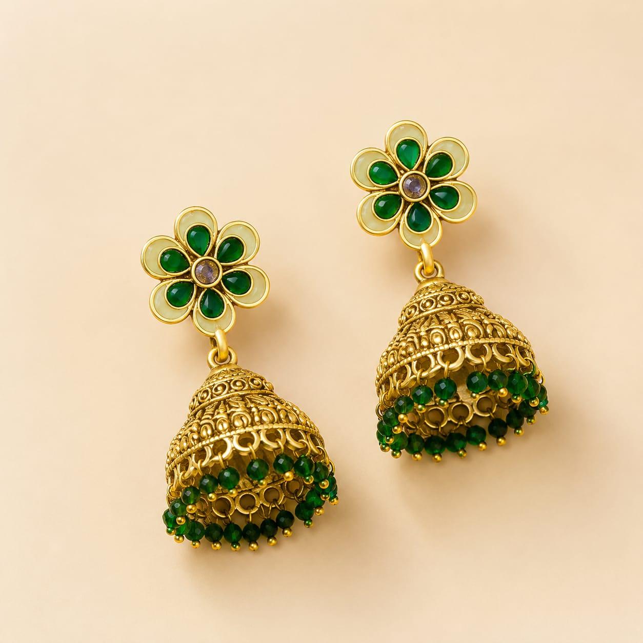 Green Floral Stud Jhumka Earrings