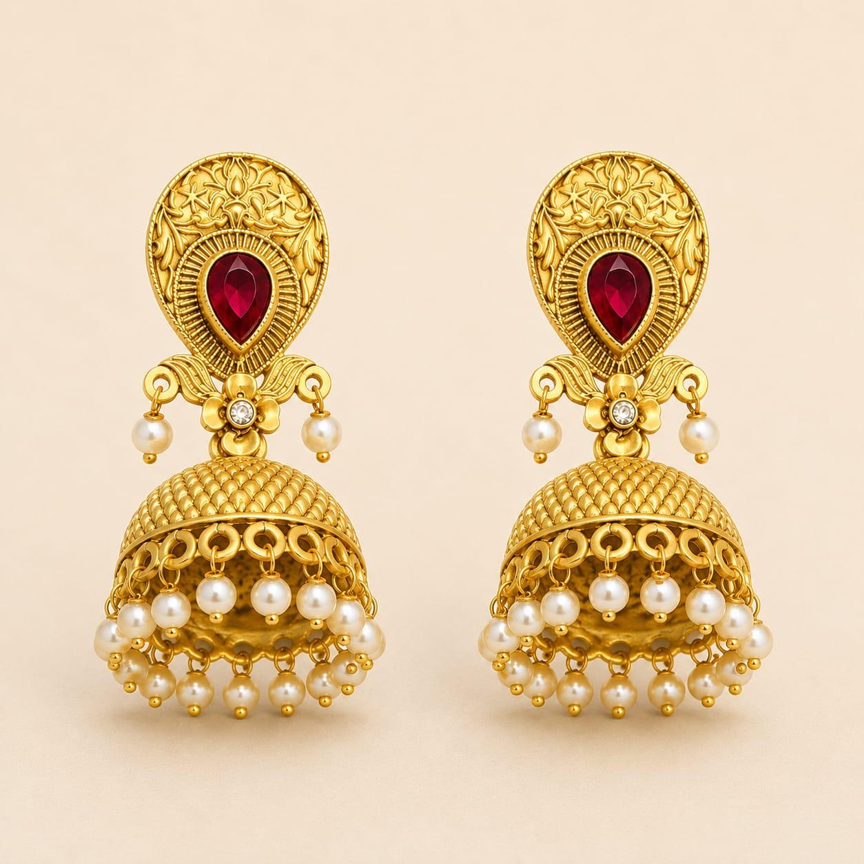 Oval Ruby Stone Pearl Jhumka Earrings