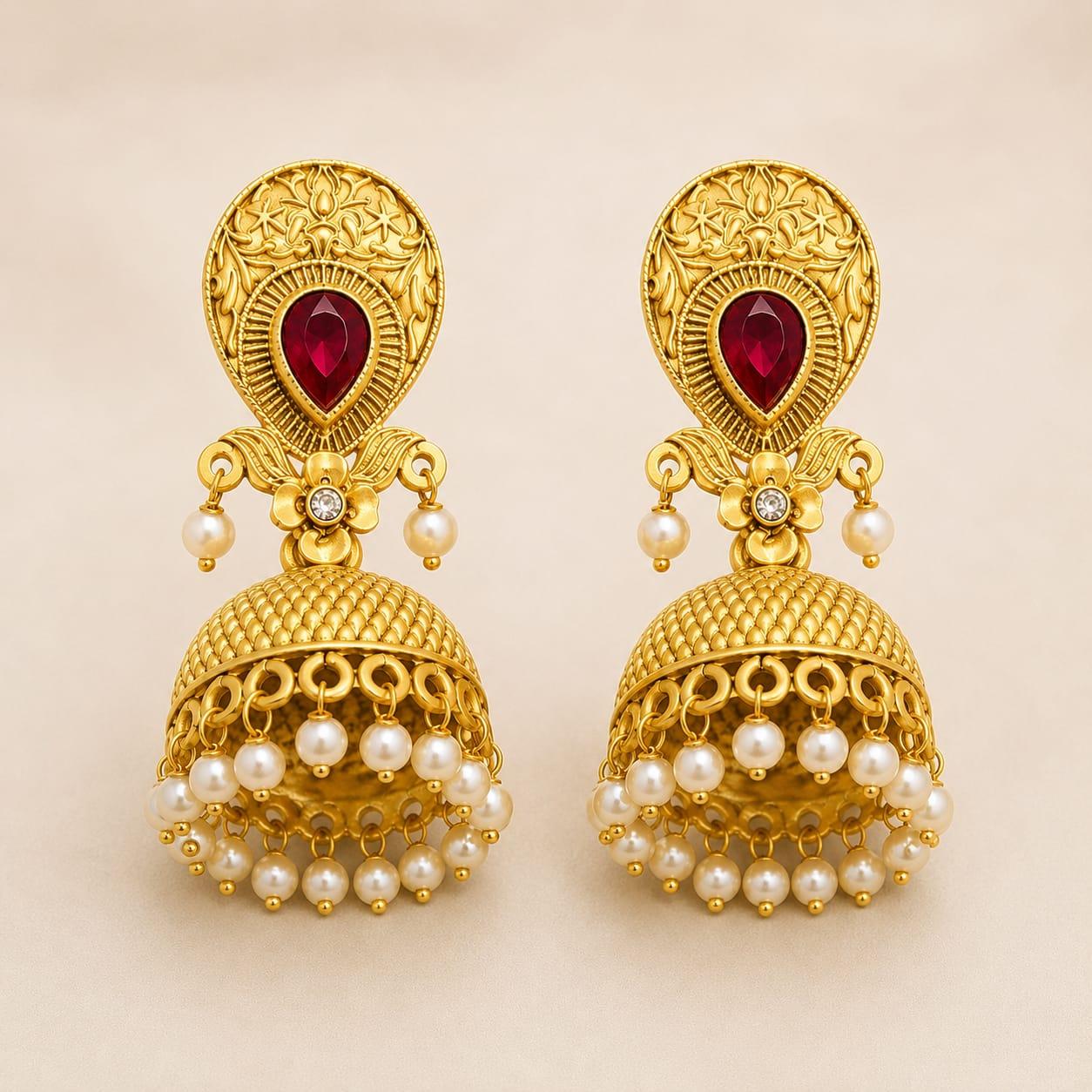 Ruby Red Stone Gold Pearl Jhumka Earrings
