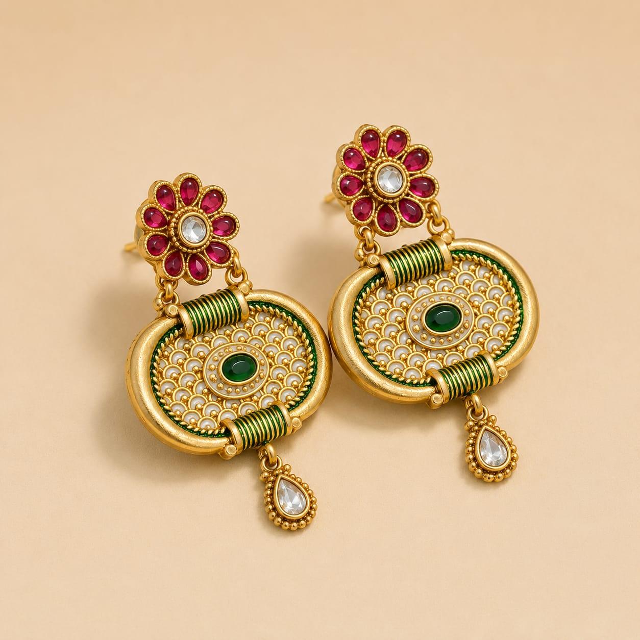 Green Ring Style Kundan Dangler Earrings
