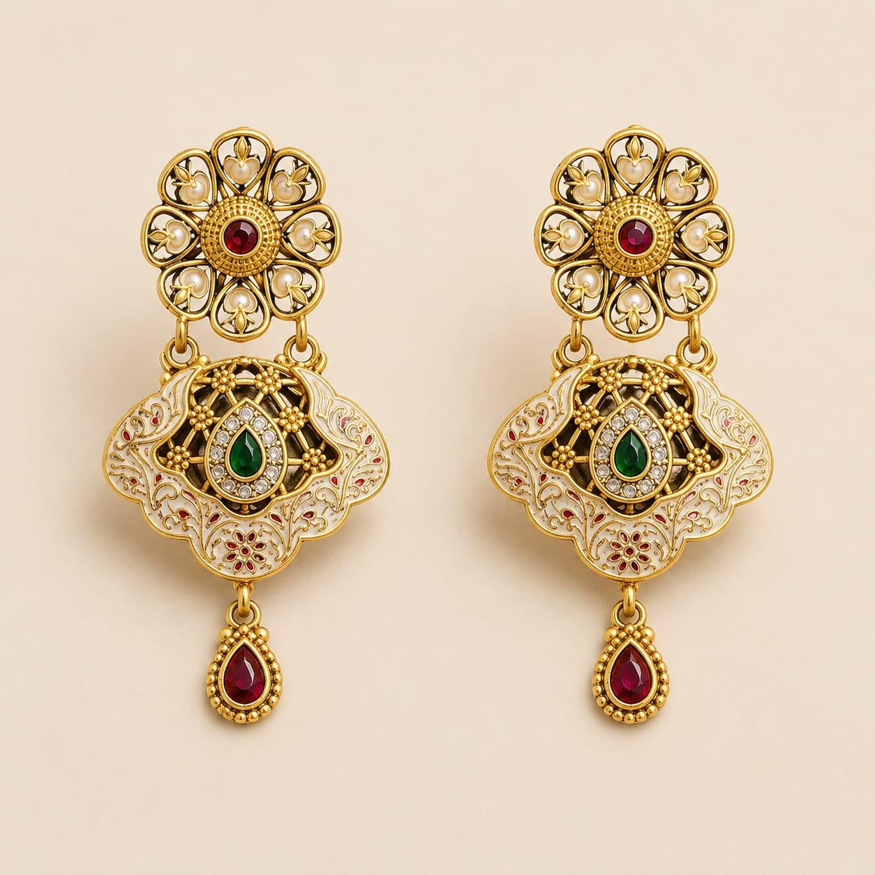 Gold Kundan Pearl Jhumka Earrings