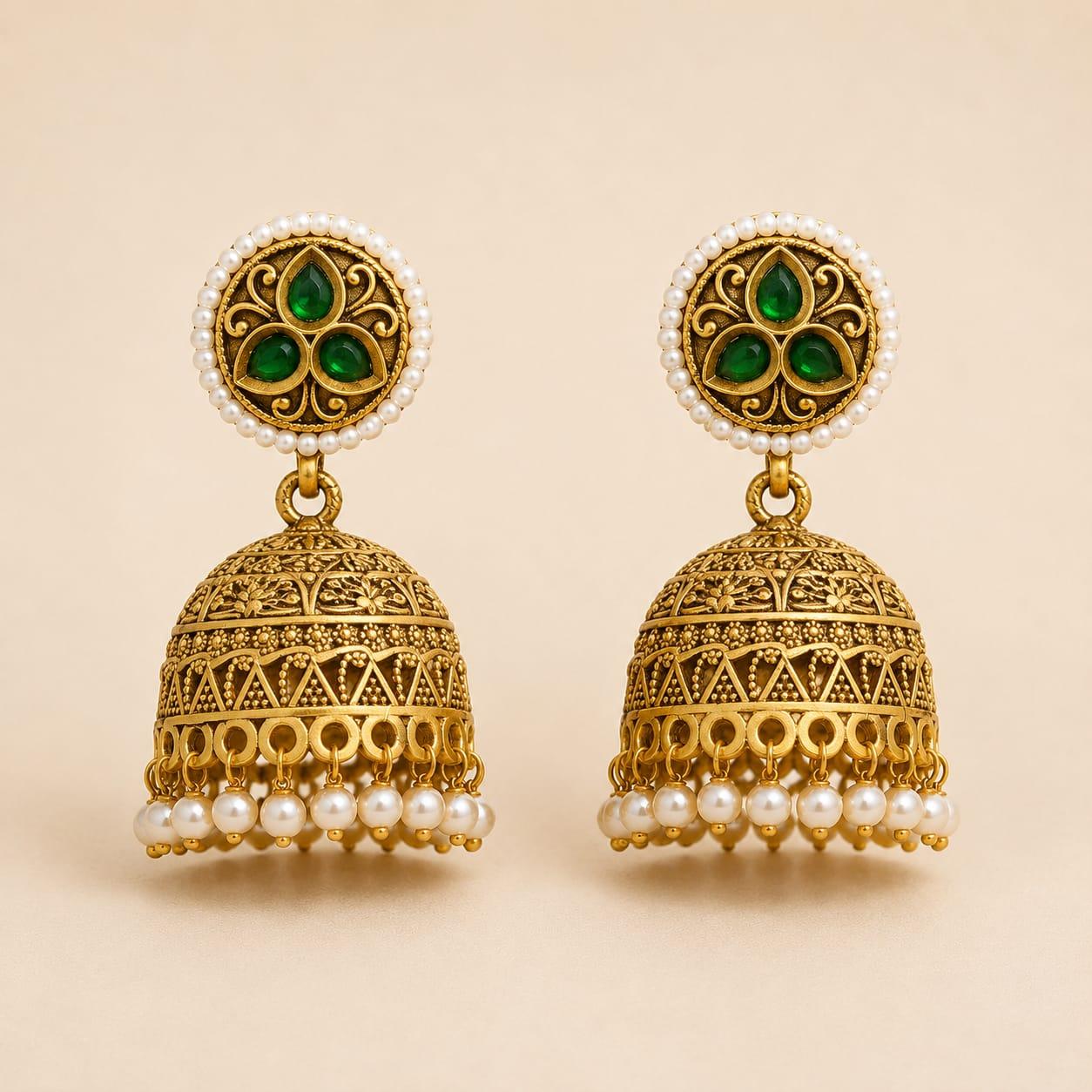 Green Stone Dome Pearl Jhumka Earrings