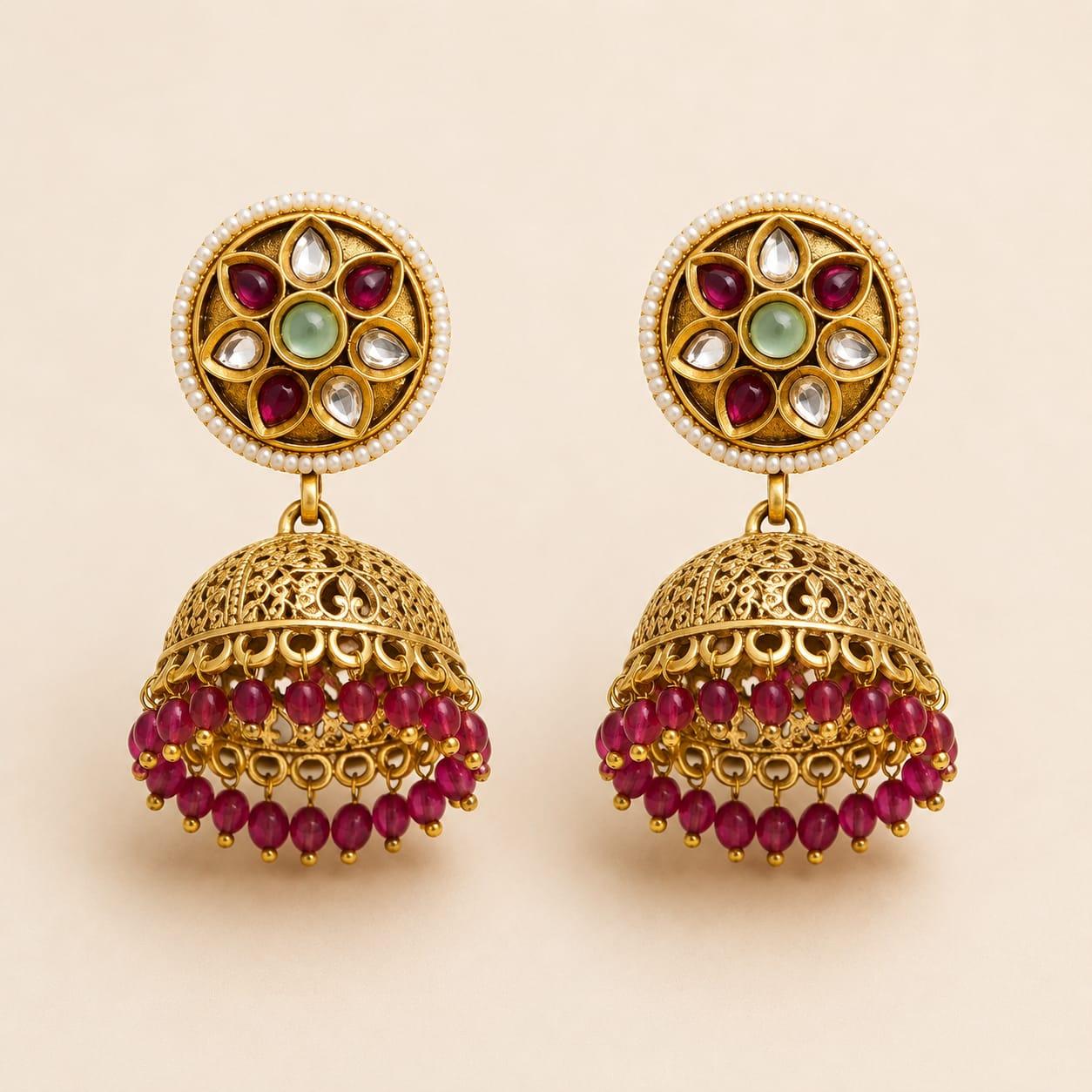Magenta Beaded Kundan Jhumka Earrings