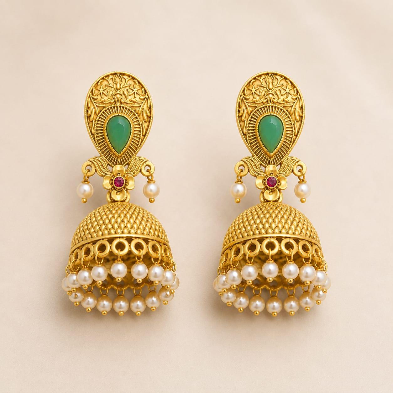 Mint Green Stone Pearl Jhumka Earrings