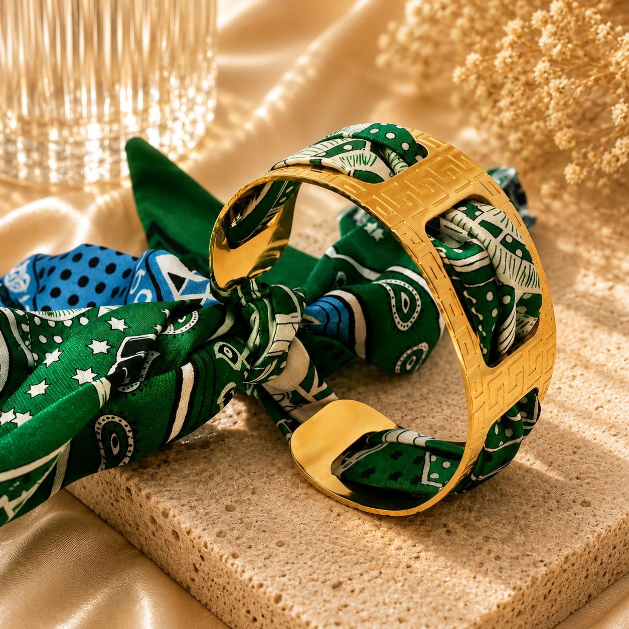 Green Printed Fabric Wrap Cuff Bracelet