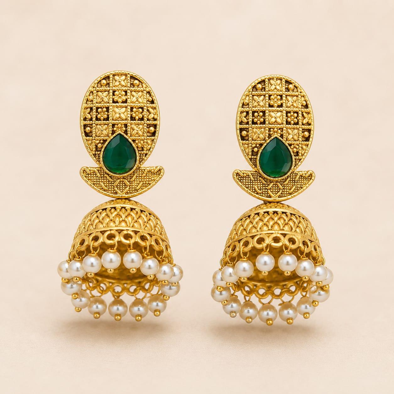 Green Stone Gold Pearl Jhumka Earrings