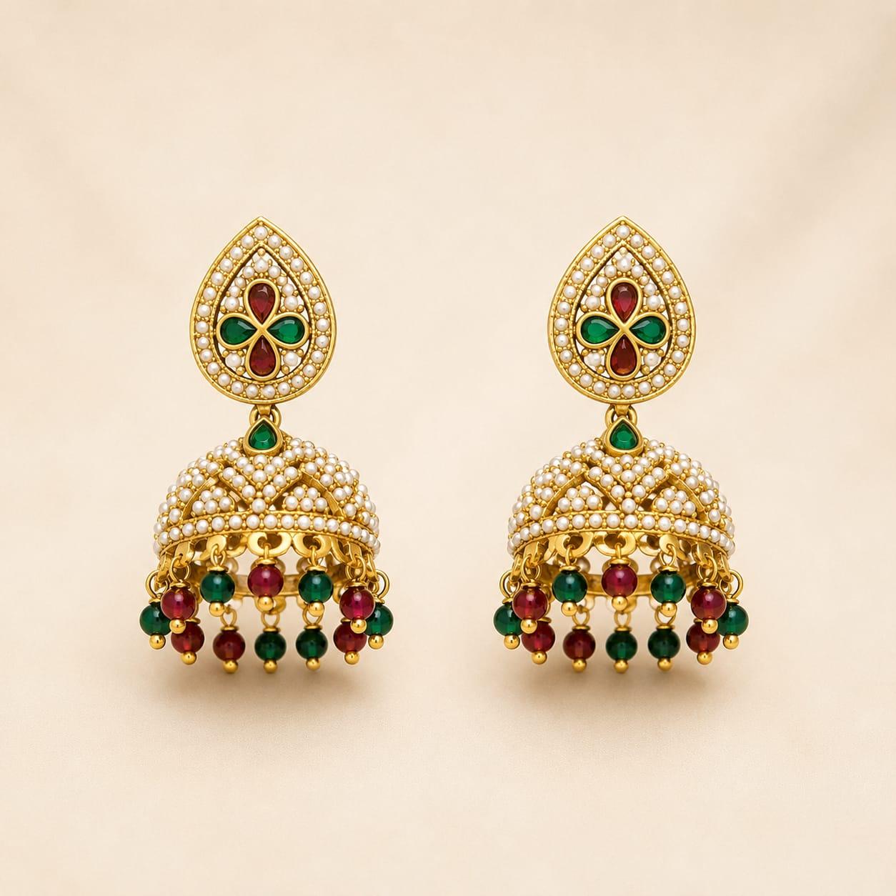 Multicolor Beaded Gold Jhumka Earrings