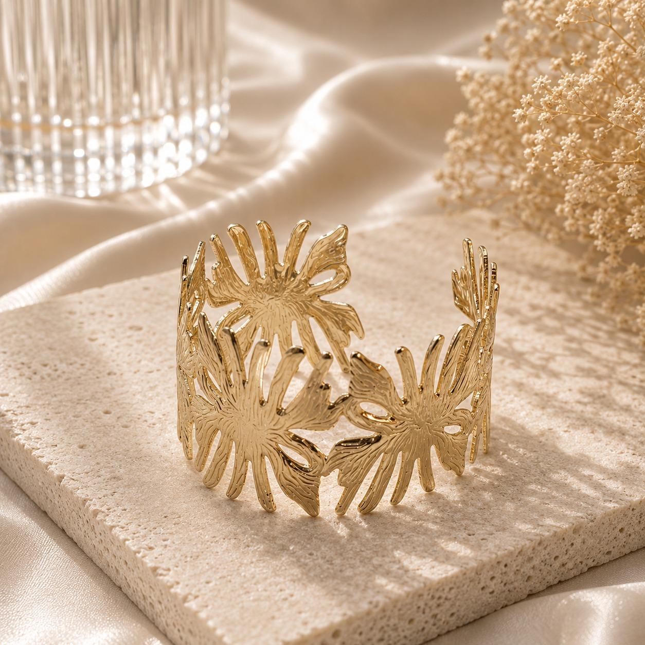 Leaf Cutwork Gold Cuff Bracelet