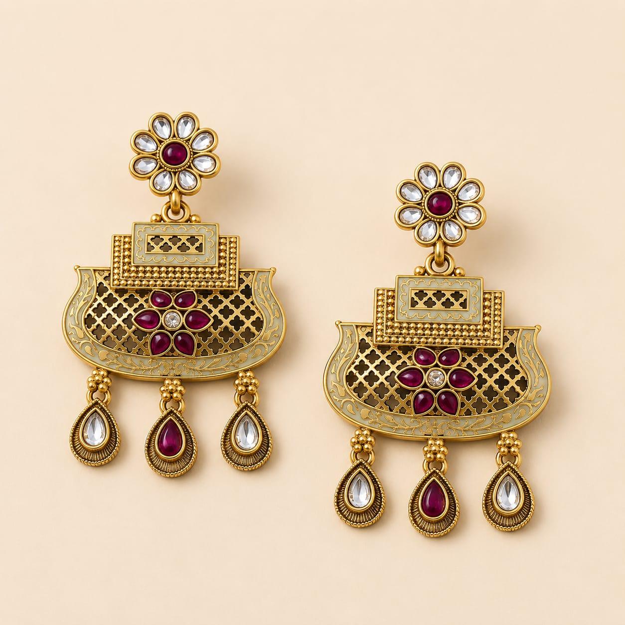 Golden Kundan Chandelier Earrings