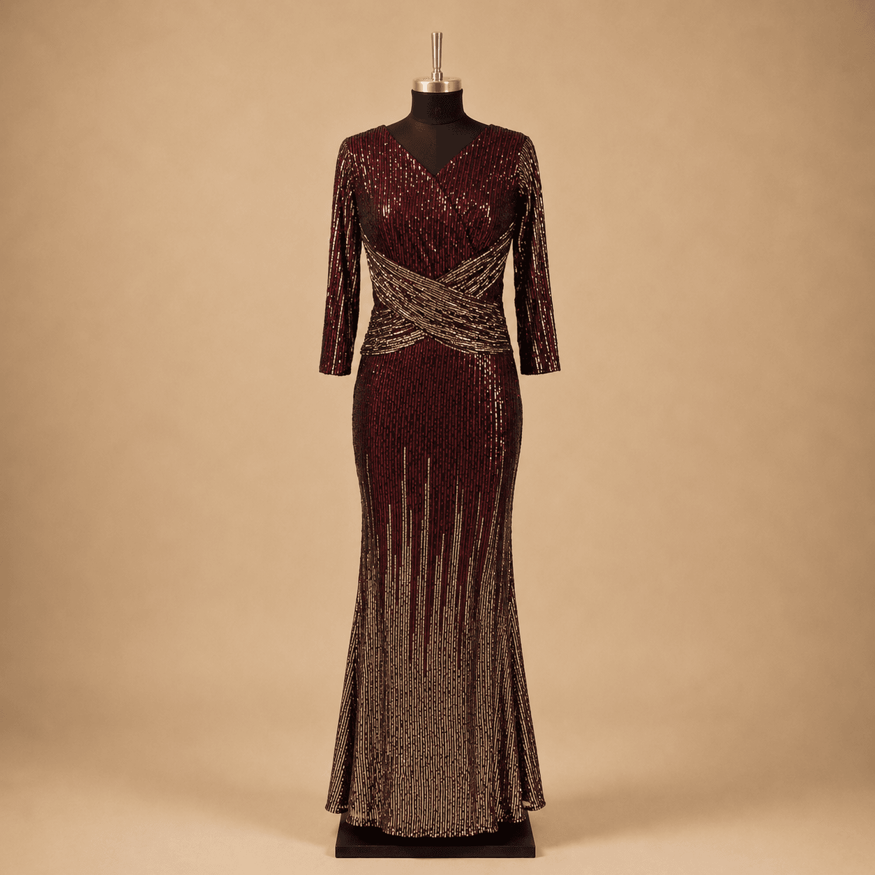 Wine Champagne Ombre Sequin Sheer Sleeve Gown
