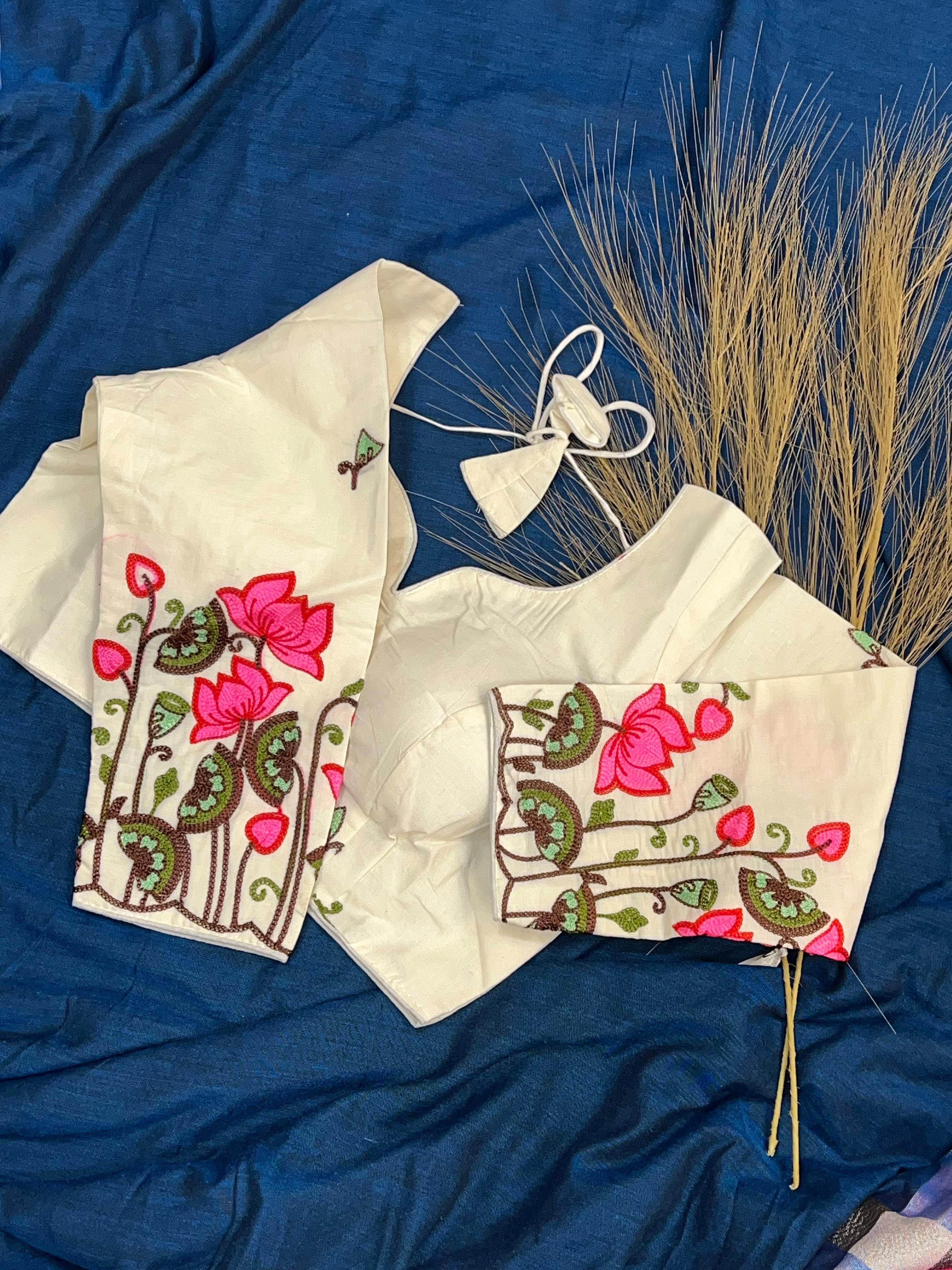 Cream Pink Lotus Embroidered Ethnic Blouse