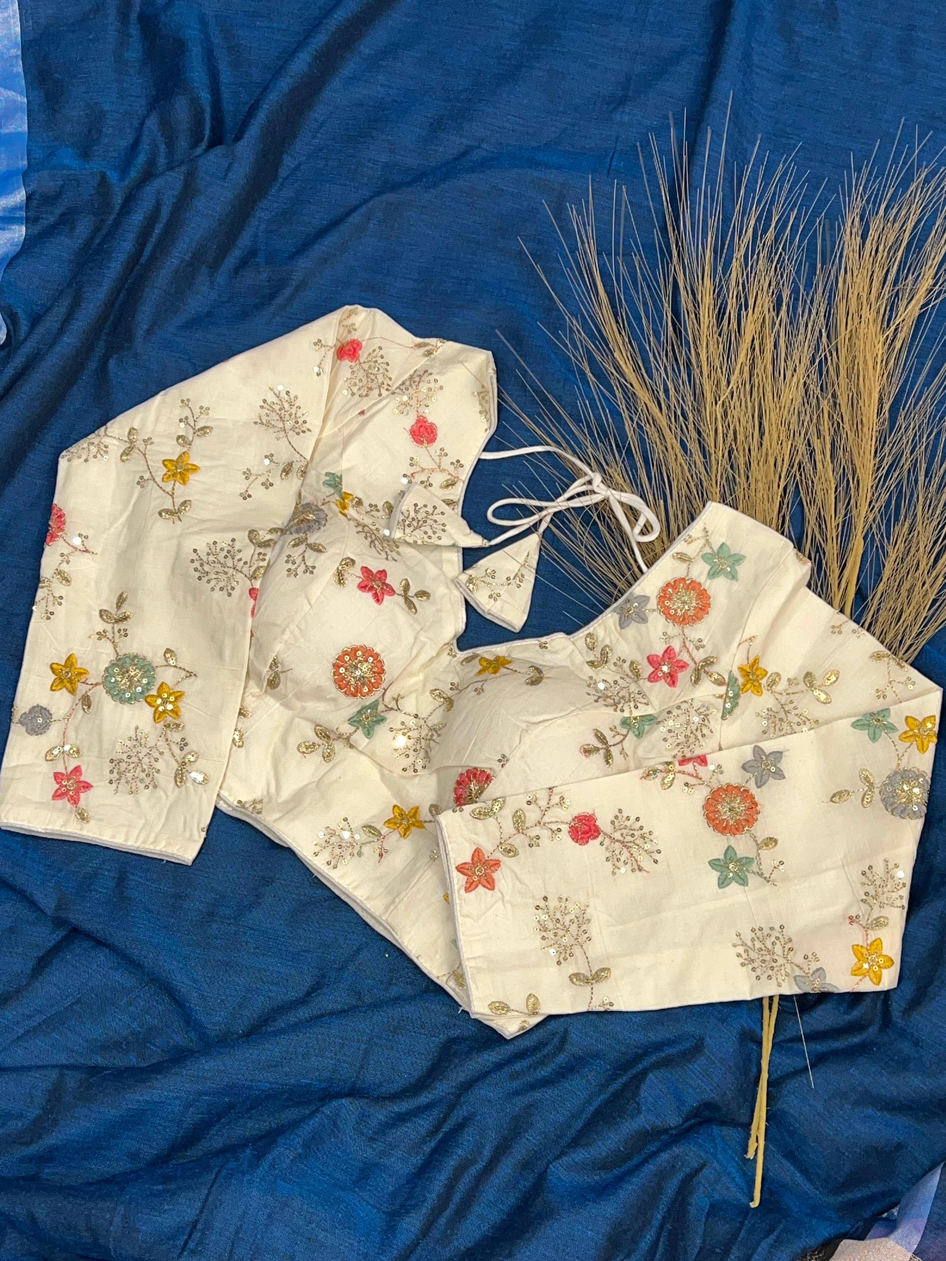 Cream Multicolor Floral Sequin Ethnic Blouse