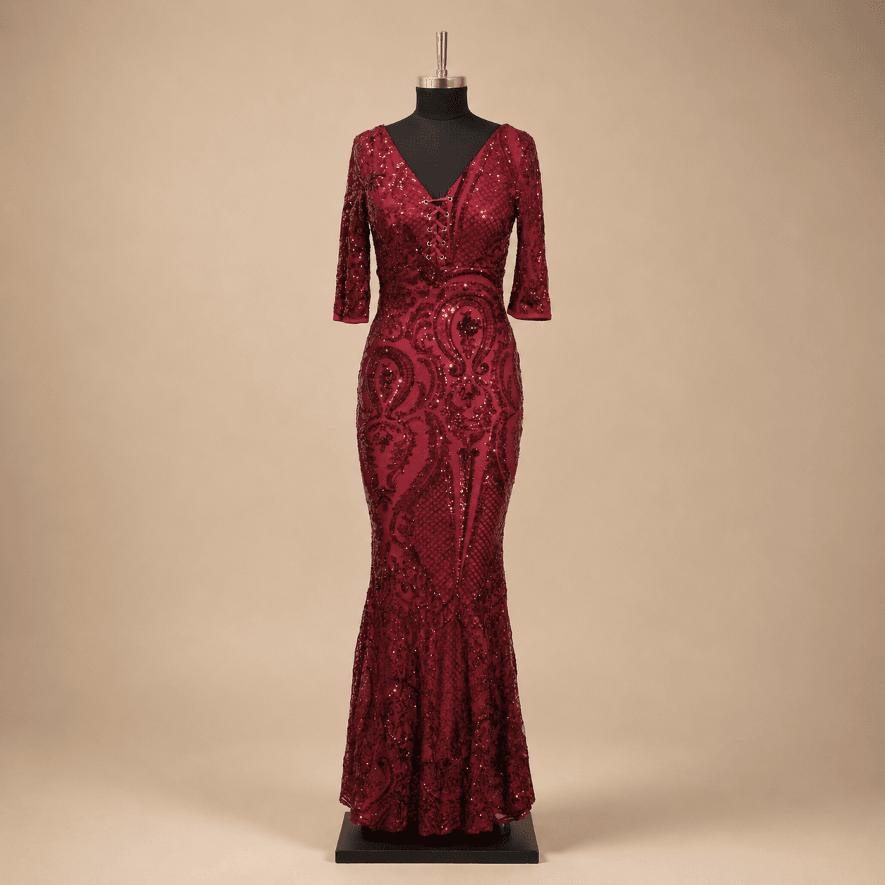 Wine Embroidered Sequin Mermaid Gown
