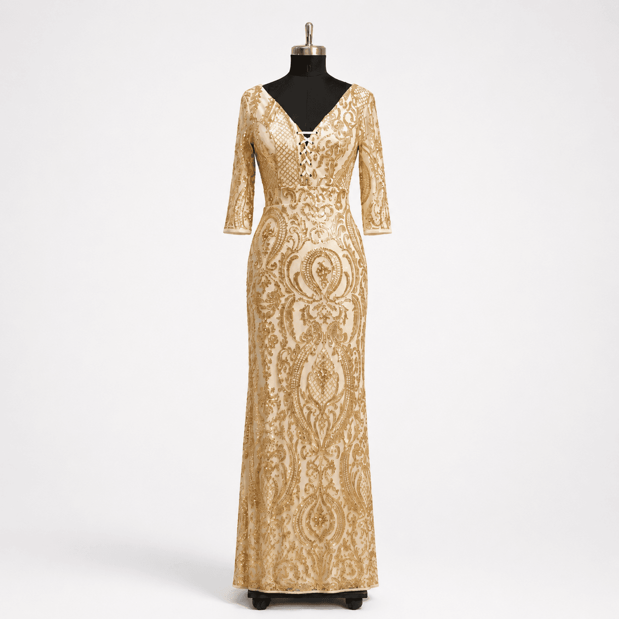 Gold Paisley Sequin Long Sleeve Gown